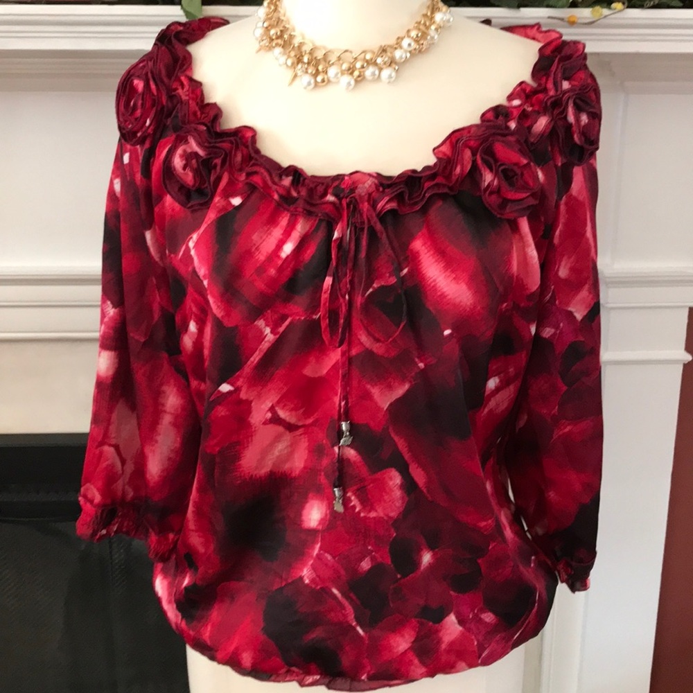 WHBM Red/Pink/Burgundy keyhole blouse w/ rosettes